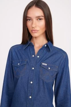 STAUD + WRANGLER THE WESTERN SHIRT | DARK RINSE -Chic Style Shop Wrangler 0833 web